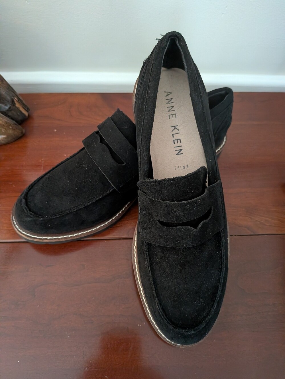 Anne Klein Black Suede Slip-On Penny Loafers